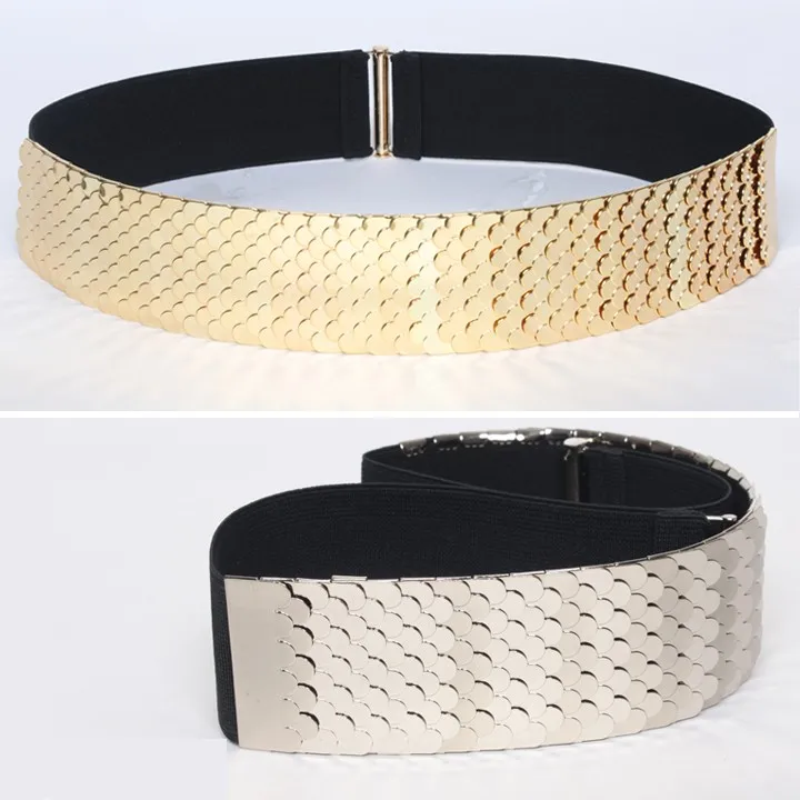 

Hot sell female gold fish scale metal elastic wide belts girdle for women nightclub party shiny accessories waist belt waistband
