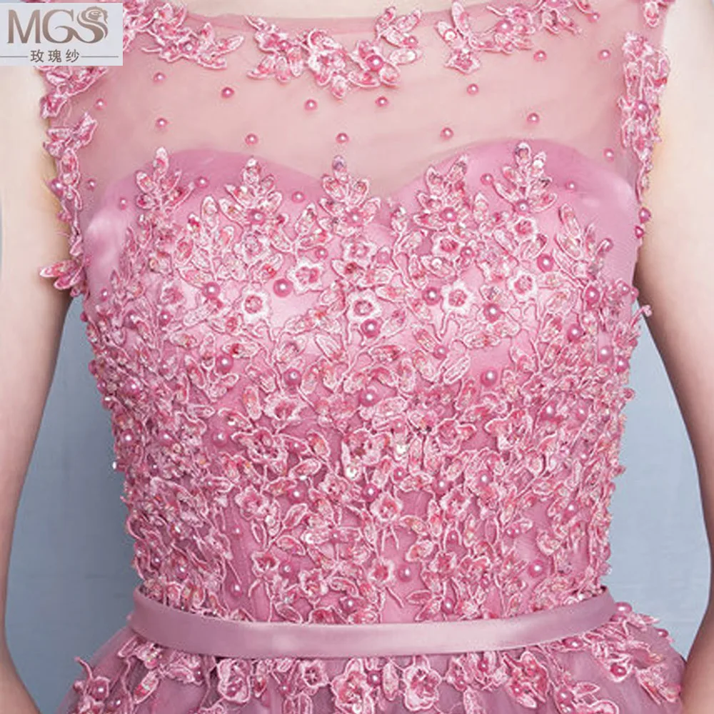 2016 MGS A-Line Scoop Tea-Length Crepe Stylish Bridesmaid Dresses Appliqued Beading Pearls Sexy See Through Back Bridal Gown |