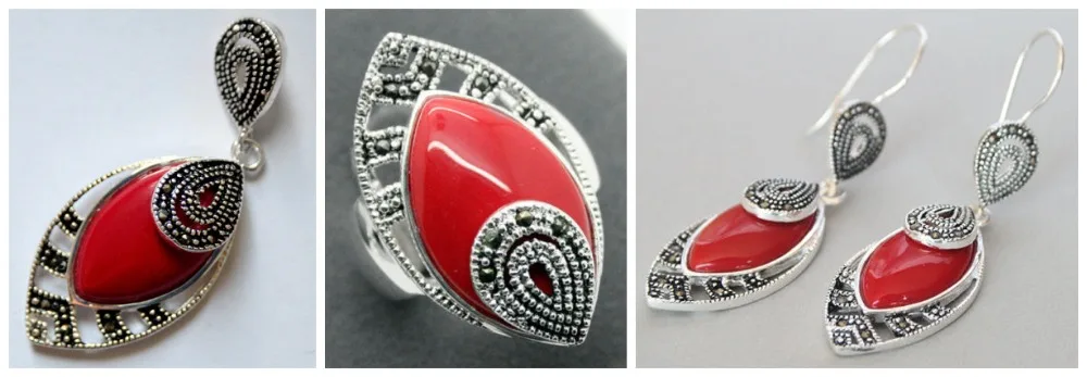 Женские красные резные покрытые лаком марказит 925 Стерлинговое серебряное