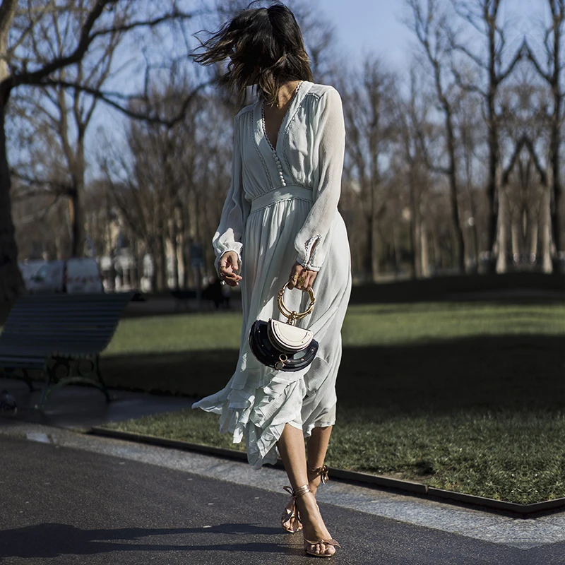 Женское шифоновое платье с v образным вырезом и рукавами фонариками длинное