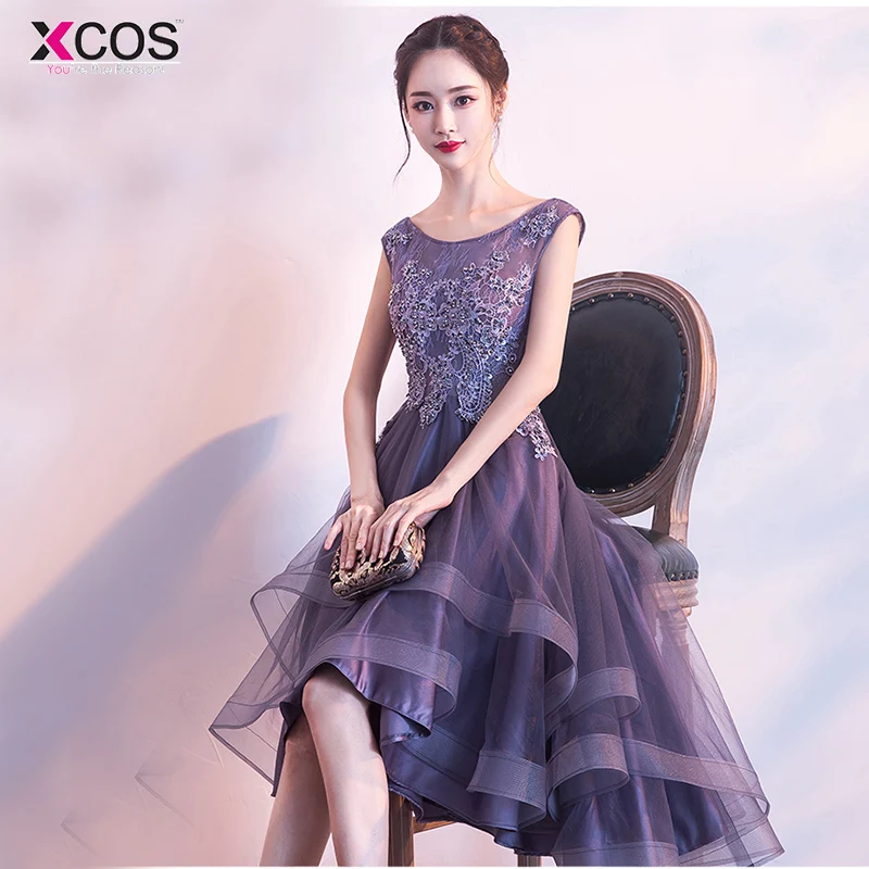 Фиолетовое коктейльное платье Элегантные Высокие Низкие аппликации vestido