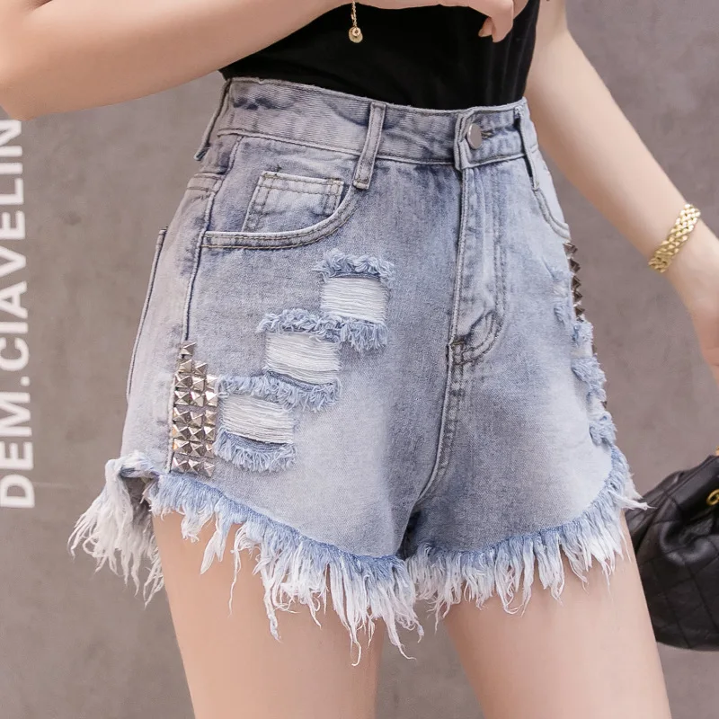 Расшитые бисером Широкие джинсовые шорты женские летние с высокой талией для