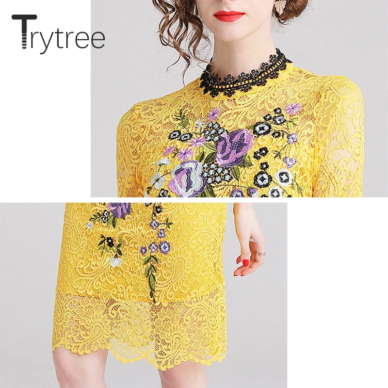 Trytree летнее элегантное платье-футляр с цветочной вышивкой, женские кружевные платья длиной до колена, повседневные желтые платья-Русалка