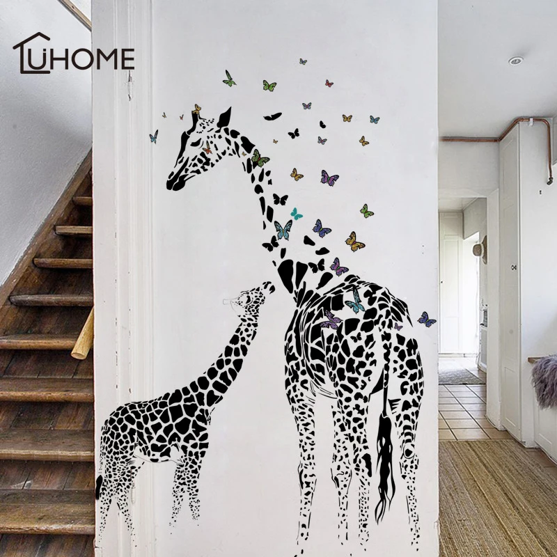 Черный Два жирафа Бабочка DIY виниловые наклейки на стену для детской комнаты