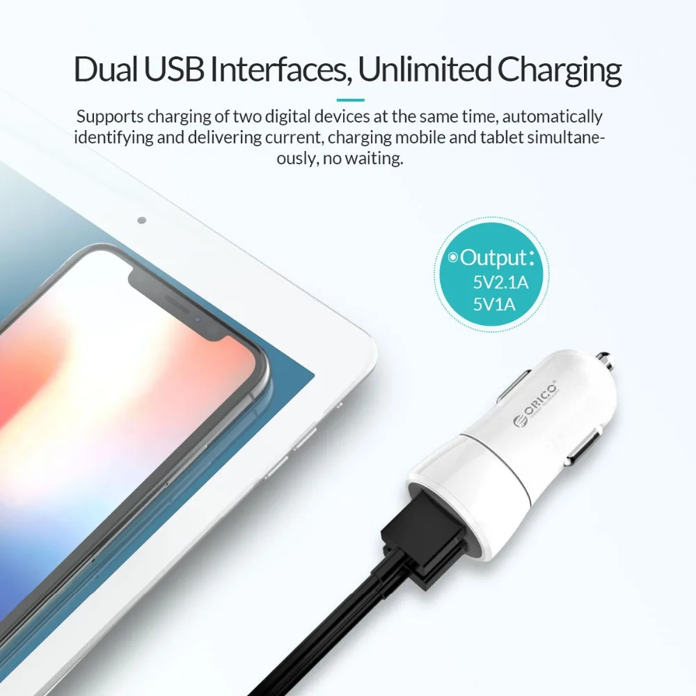 Автомобильное зарядное устройство ORICO Mini USB для планшетов 2 1 А быстрое с двойным
