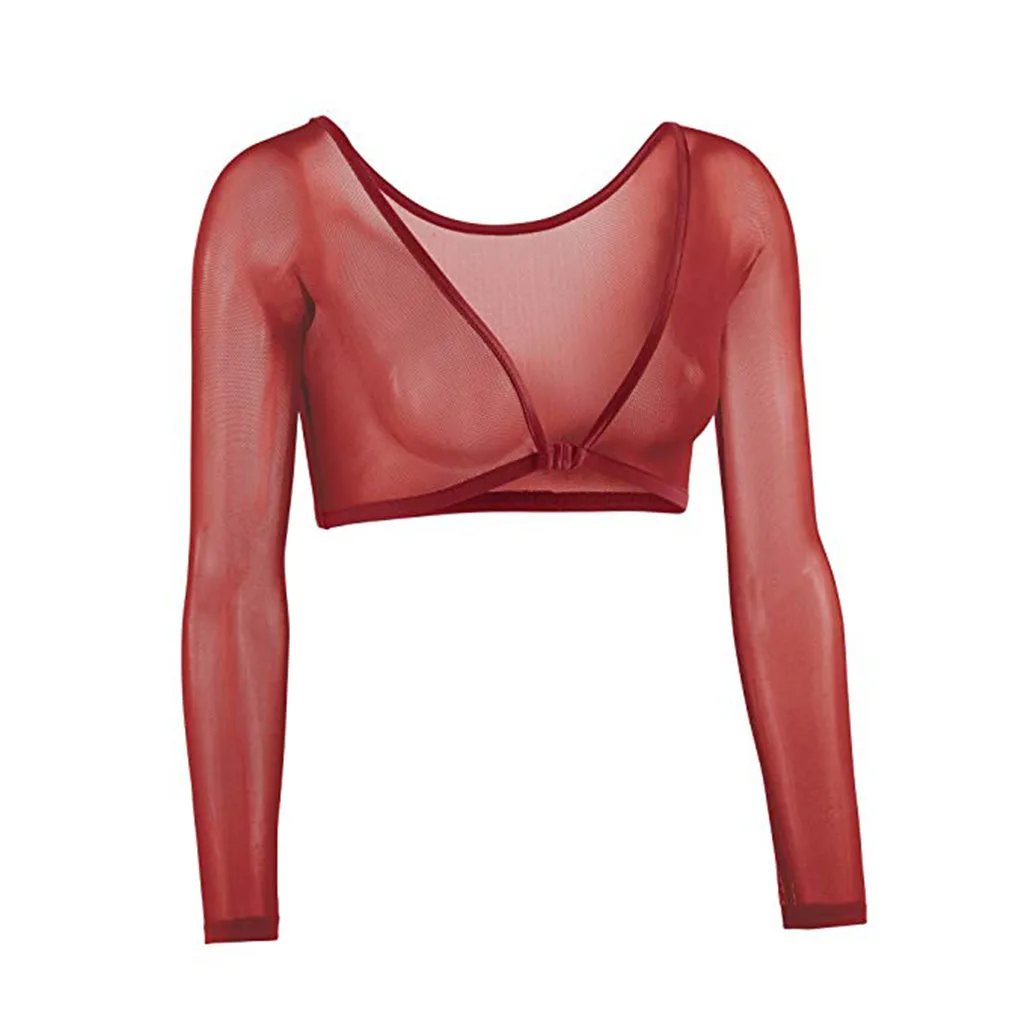 Women Both Side Wear Sheer Plus Size Three Quarter V-Neck Seamless Arm Shaper Crop Top Shirt Blouses#25