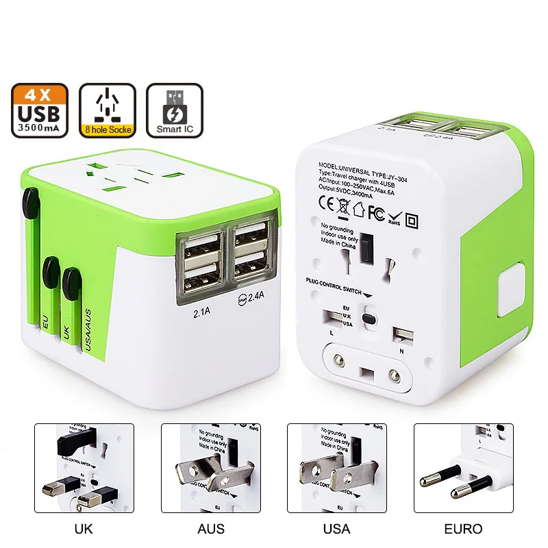 

New Universal Travel Adapter Electric Plugs Sockets Converter US/AU/UK/EU with 4 USB Charging 2.4A LED Power Indicator