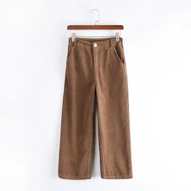 Brown Pants Новые женские брюки, женские осенние зимние одноцветные с высокой талией, широкие брюки, повседневные свободные вельветовые укороченные брюки длиной до щиколотки - Цвет: Brown Pants