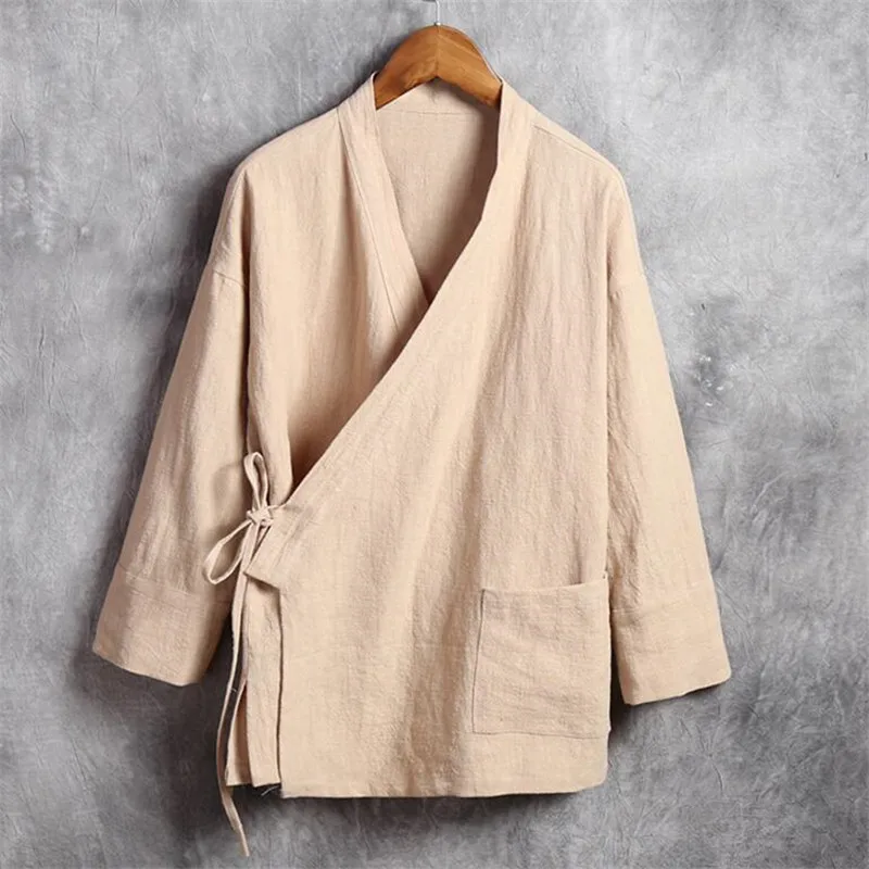 Мужская рубашка с V образным вырезом Классическая дышащая из хлопка и льна в