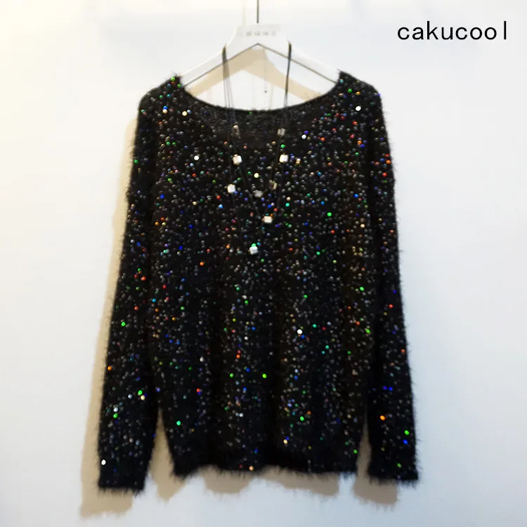 Cakucool Women Sequined Knit Tops Long Sleeve Jumpers Beading O-neck Casual Loose Embellish Sweaters Pullover Lady Black | Женская