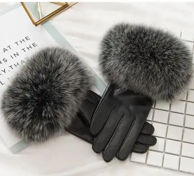Black frost fur Зимняя мода натуральный Лисий мех овчины кожаные перчатки теплая толщина открытый guantes Женские варежки - Цвет: Black frost fur