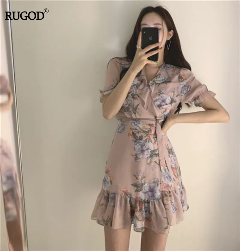 RUGOD, корейский стиль, летнее платье,, женское, бохо, с оборками, Цветочный, бодикон, Русалка, платья, шифон, Vestidos, повседневные платья