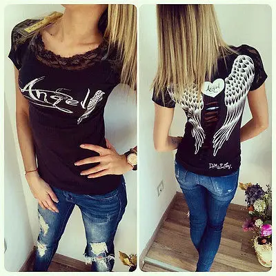 2015 New spring summer T-shirts women unique angel wings back printing short sleeve loose tshirt ladies lager size t shirt | Женская