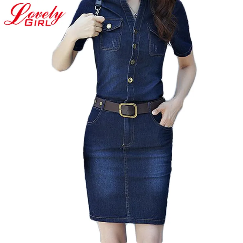 Джинсовое платье 2018 новое модное облегающее размера плюс с поясом высокое