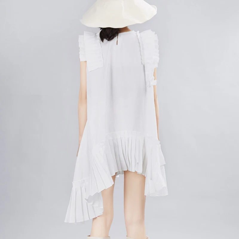 TWOTWINSTYLE Korean Solid Sleeveless Dress For Women O Neck Off Shoulder Oversized Ruffles Asymmetrical Dresses Female