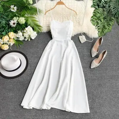 Винтажное женское платье миди на тонких бретелях, элегантное платье с v-образным вырезом и открытой спиной, синее, оранжевое, красное, белое, сексуальное Клубное вечернее платье - Цвет: Белый
