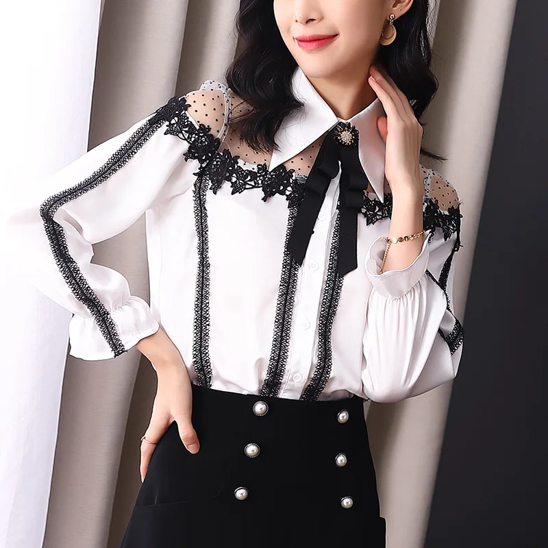 Blusas Feminino Весенняя летняя модная женская блузка с отложным воротником в горошек, сетчатая Лоскутная Сексуальная блуза с длинным рукавом