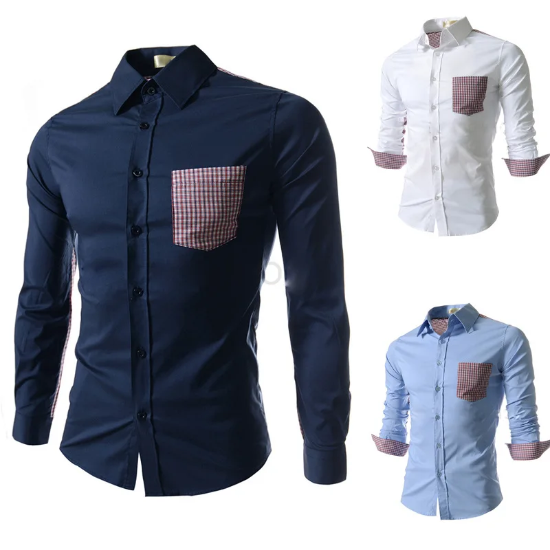 Checkerboard Casual Fashion Striped Plain Men Shirt Patchwork Dress Long Sleeve Turn-down Collar Camisa Masculina | Мужская одежда