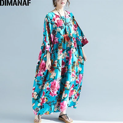 188XXJ98098CN-lan DIMANAF размера плюс, женское пляжное платье, летний сарафан, большой размер, с принтом «летучая мышь», цветочный принт, женское платье, свободное, женское льняное платье, 5XL, 6XL - Цвет: 188XXJ98098CN-lan