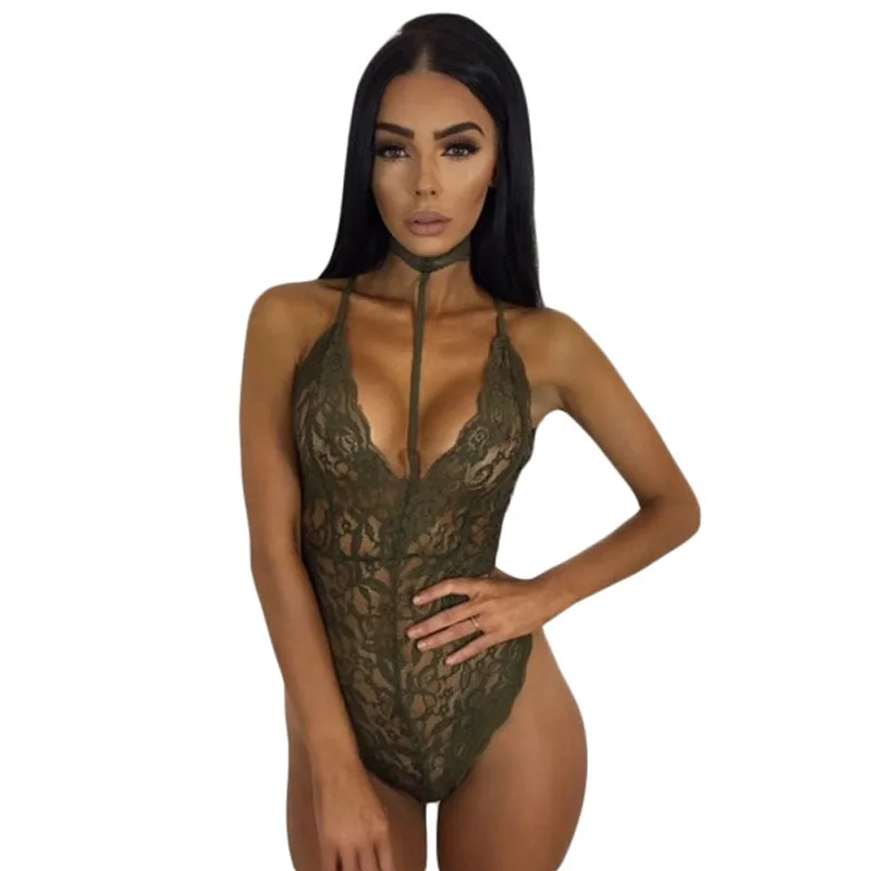 Liva Girl Красный сексуальный глубокий v-образный вырез кружева Холтер Боди для женщин Элегантный цветочный обтягивающий комбинезон с вырезом на спине Жгут черный комбинезон - Цвет: Армейский зеленый