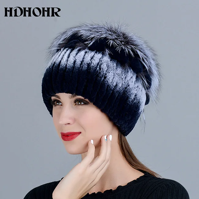 HDHOHR теплый натуральный мех шляпа натурального меха кролика Rex Кепки Silver Fox меховой шапочки Шапки Для женщин зимние толстые теплые Головные уборы Шапки - Цвет: Синий