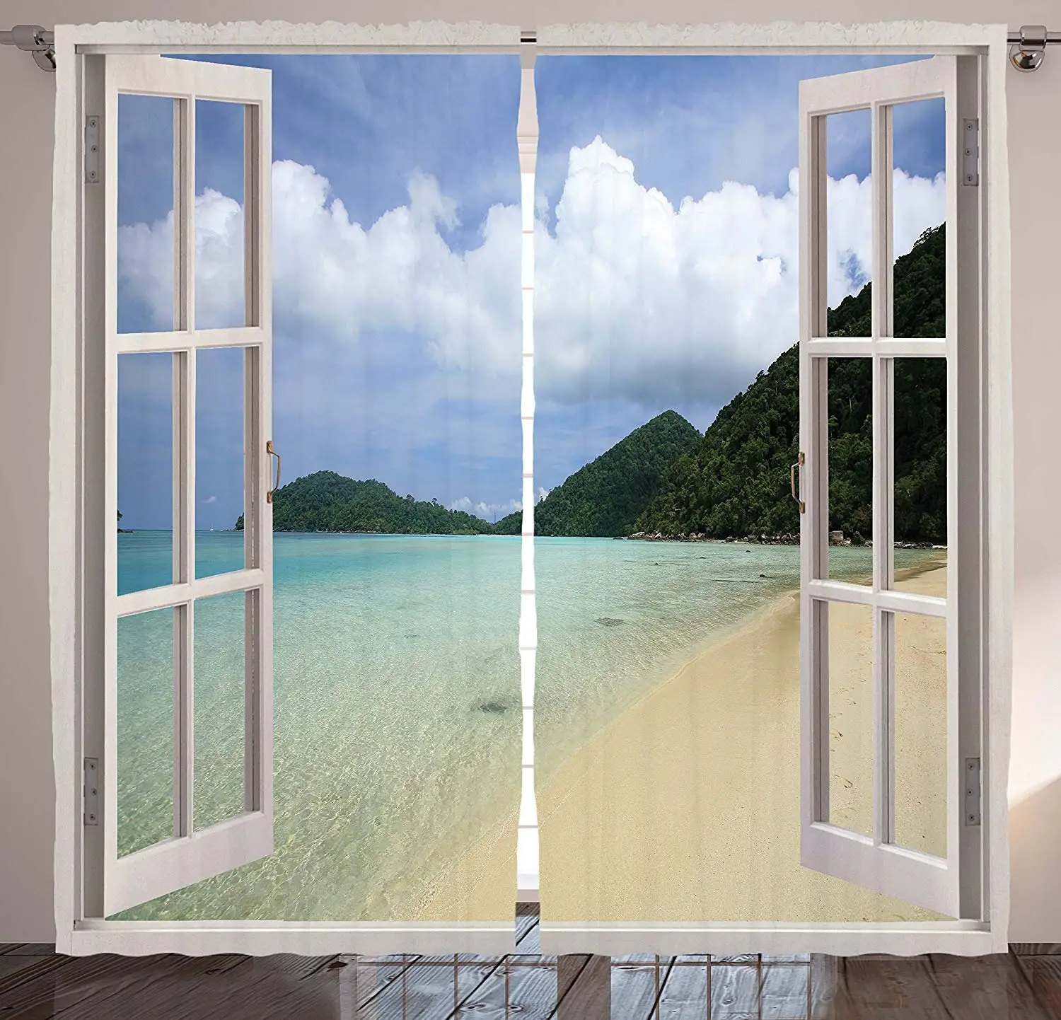 Занавески с открытыми окнами тропический остров для пляжа и мечты летние Оконные