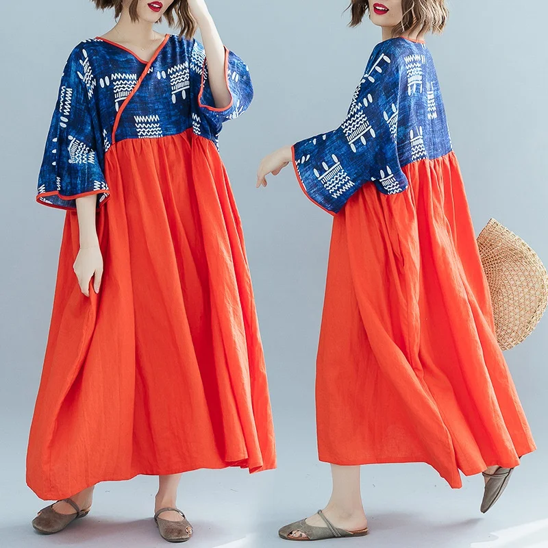 Женское платье свободное японское в стиле пэчворк винтажное пляжное средней