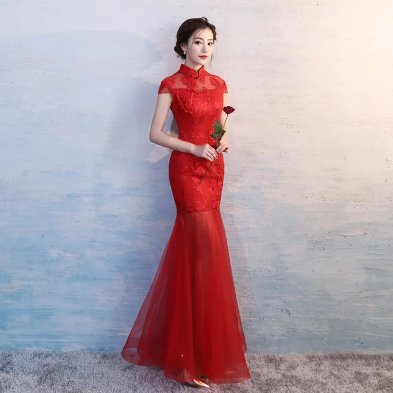 

Red Mermaid Chinese Wedding Dress Lace Cheongsam Long Qipao Party Gown Sexy Oriental Style Evening Dresses Women Costume Qi Pao