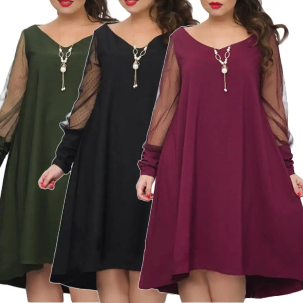 Женское осеннее платье большого размера 6XL одежда из одноцветной сетчатой ткани