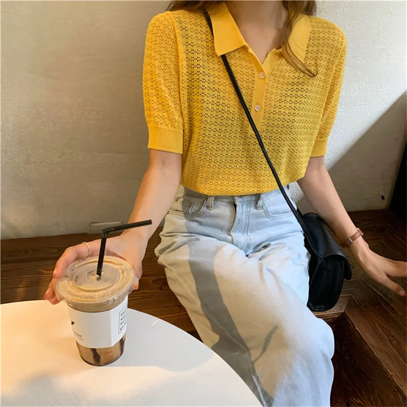 Женские милые модные летние свободные тонкие трикотажные рубашки с короткими