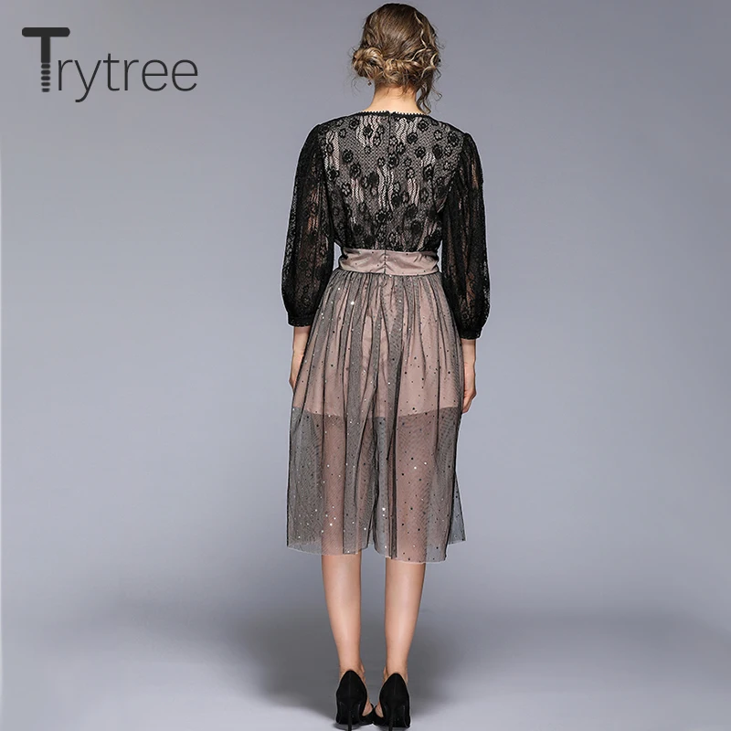 Trytree летнее уличное платье с v-образным вырезом рукав-фонарик длина до колена