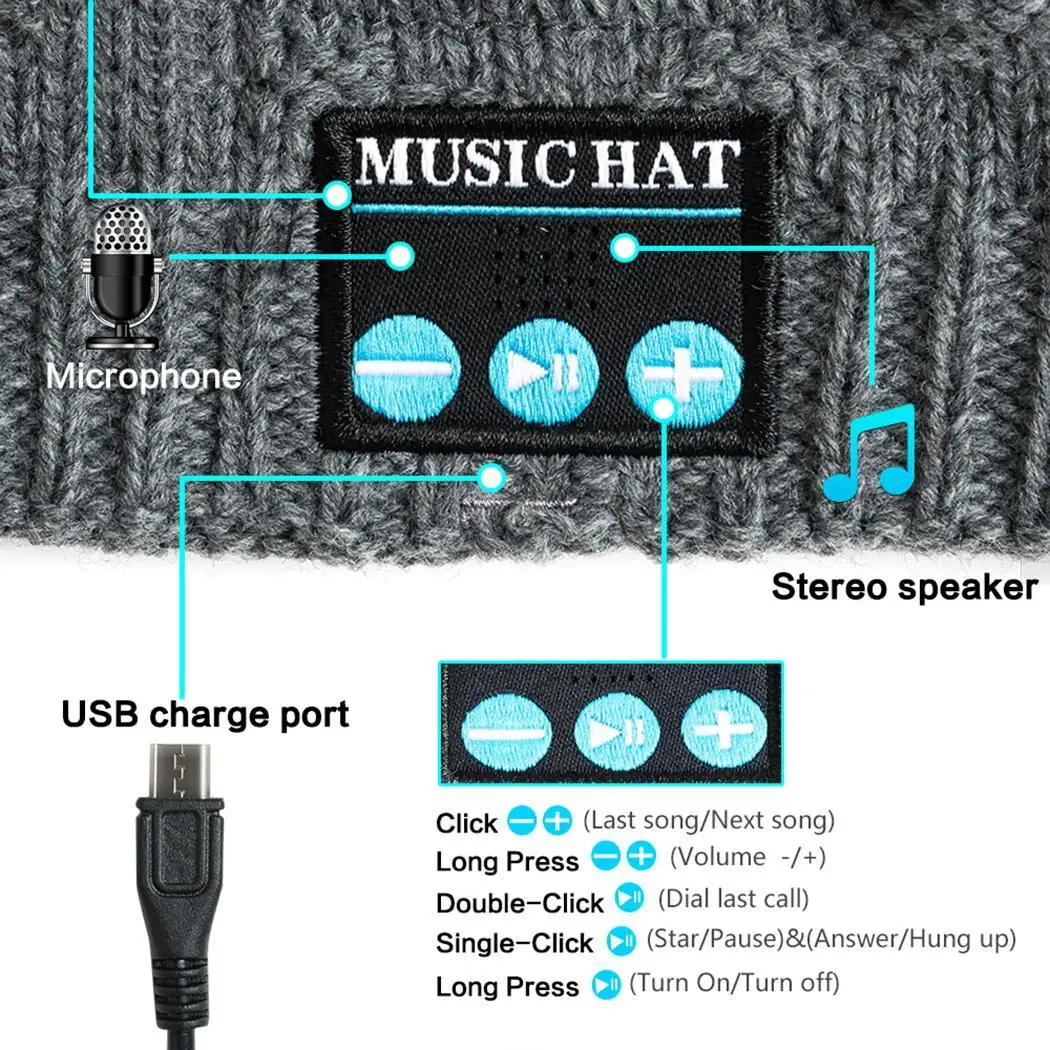 Unisex Soft Warm Bluetooth Music Hat Knitted DC 5V 2 hours With 1M 10M 3.7V/180mA V4.2 Headphone | Электроника