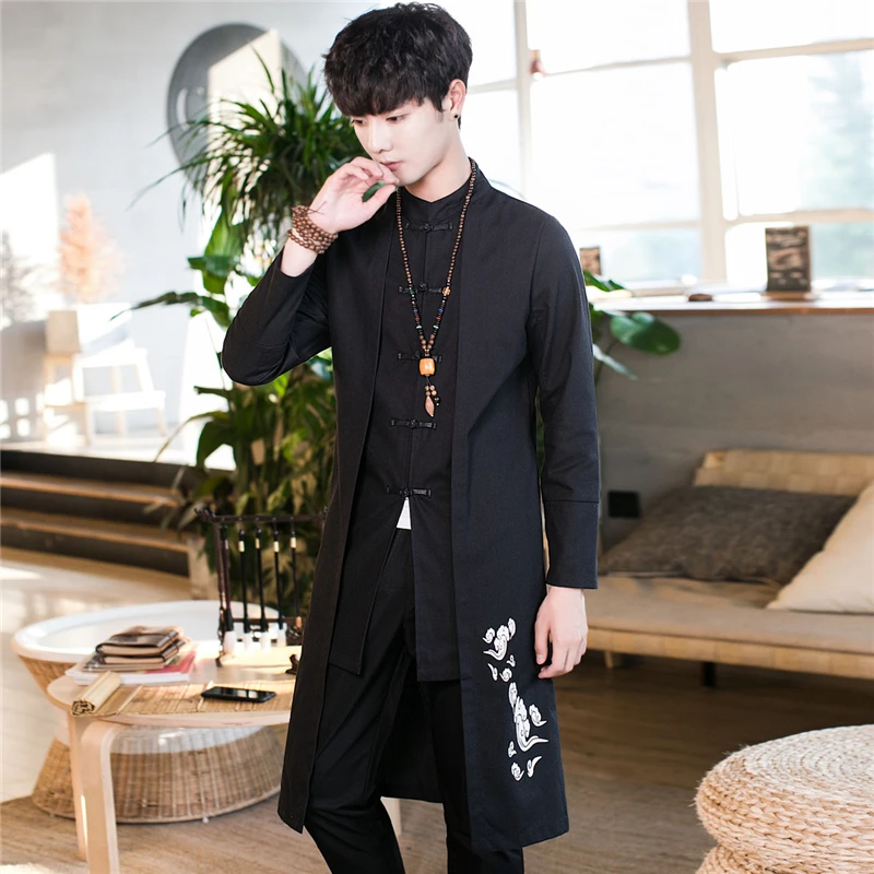 Мужская длинная куртка в китайском стиле черная Повседневная осенняя тренчкот