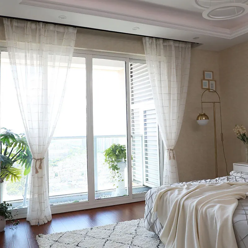 

Plaid Gauze Modern Sheer Curtains Bedroom Balcony Living Room Versatile Color Lattice Window Screen Flax Fabric Tulle Fashion