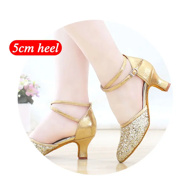Gold 5cm heel Для женщин платье для латинского Танго, Обувь для танцев черного и золотого цвета с блестками для бальных танцев сальса вечерние танцевальные туфли для девушек и женщин, на высоком каблуке, 5/7 см мягкая подошва - Цвет: Gold 5cm heel