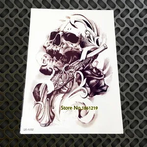 1 шт., большой крутой 3D череп смерти, пистолеты и розы, тату наклейки для мужчин, GQS-A032, старая школа, нарукавник, водонепроницаемые переводные тату, боди-арт