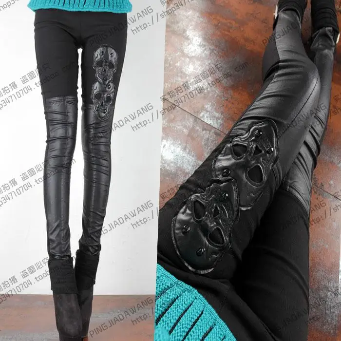 Женские кожаные брюки облегающие большого размера с принтом в виде черепа стиле
