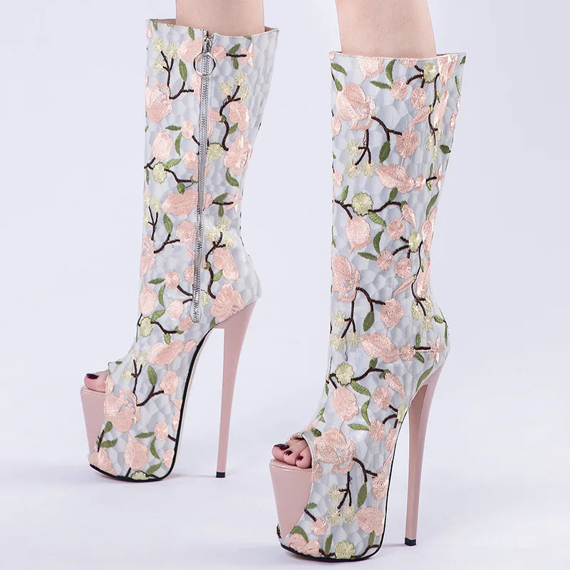 High Heels Women Shoes Peep Toe Leather Spring/Autumn Mid-Calf Boots Fashion Flower Side Zip Ladies Platform Boots Size 34-47