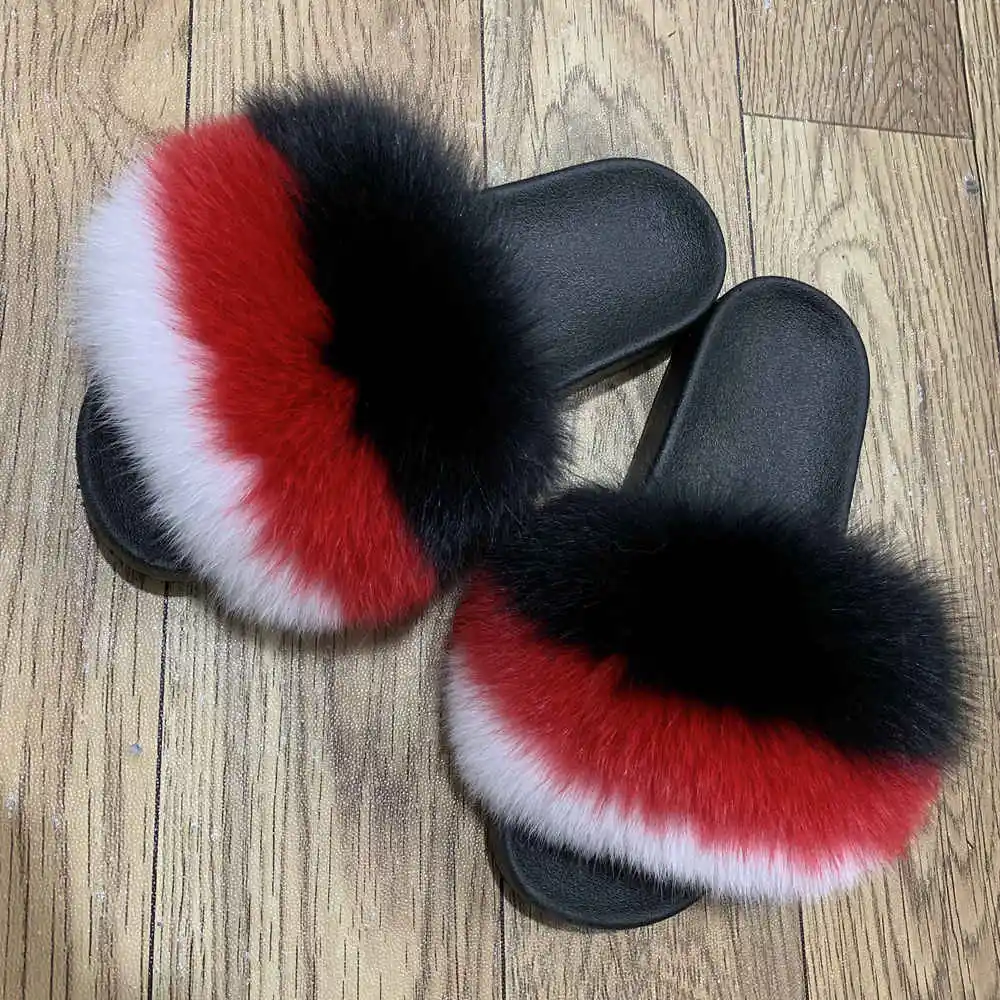 6 CCFUR New Colors Summer Slides Women's Real Fox Fur Slippers Fluffy Fur Sliders Mixed Color Fashion Lady S6048 - Цвет: 6