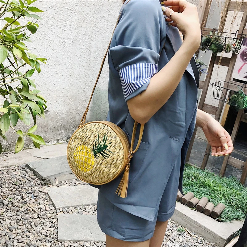 EaseHut Boho женские круглые соломенные сумки с вышивкой в виде листьев ананаса винтажные праздничные летние пляжные Дикие повседневные маленькие плетеная Сумка из ротанга