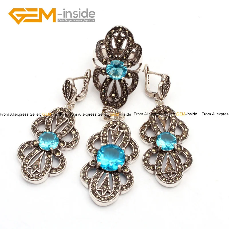 Полуцветочный старину тибетское серебряное кольцо серьги кулон ювелирный набор