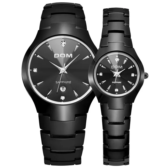 DOM Lovers часы из вольфрамовой стали часы для пары Роскошные Модные Бизнес Кварцевые водонепроницаемые Стразы Наручные часы - Цвет: Sliver Black