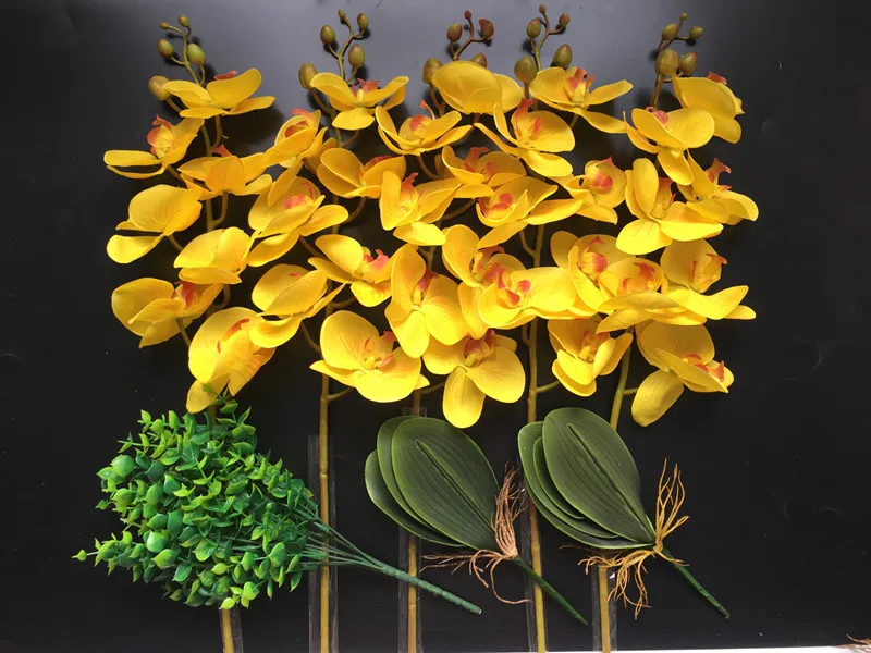

Real Touch Yellow Flower Bouquet Flower Arrangment Orchids With Leaves Wedding Party Event Flower Decoration Centerpiece No Vase