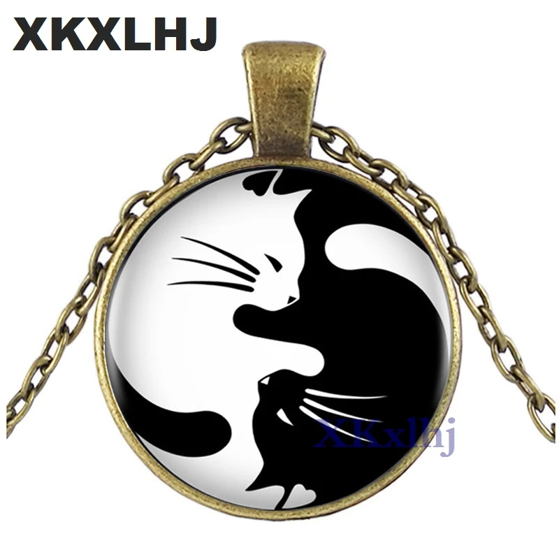XKXLHJ винтажное ожерелье с двумя кошками Инь Ян подвеска кабошон длинная цепочка