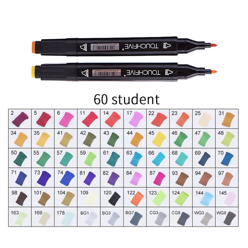 60-student-black TOUCHFIVE 60 цветов Ручка Маркер Набор двойная головка эскиз маркеры дешевые спиртовой фломастер для рисования манга анимационный дизайн художественные принадлежности - Цвет: 60-student-black