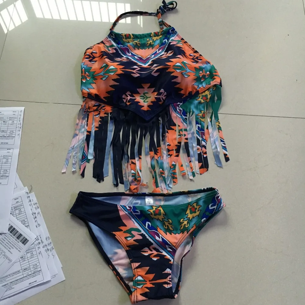 2016 Aztec сексуальный оранжевый топ с бахромой бикини женский дешевый купальник пуш