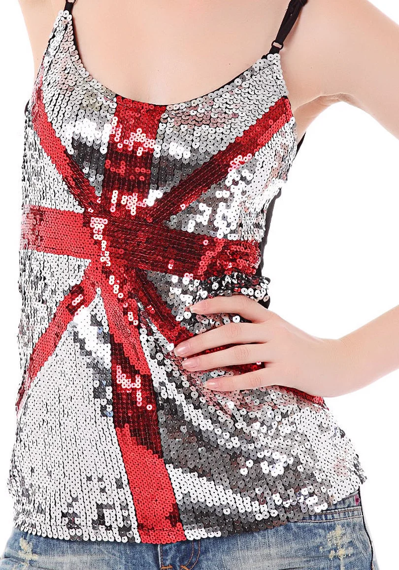 Женские сценические костюмы британский флаг Юнион Джек Sequin Tank Top Sexy Slim Mesh