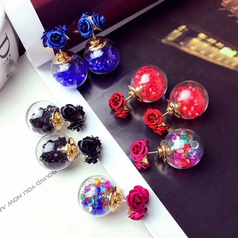 1Pair Fashion Cute Women Girls Elegant Exquisite Ear Stud Zircon Crystal Three Rose Flowers Glass Ball Double Sides Earrings