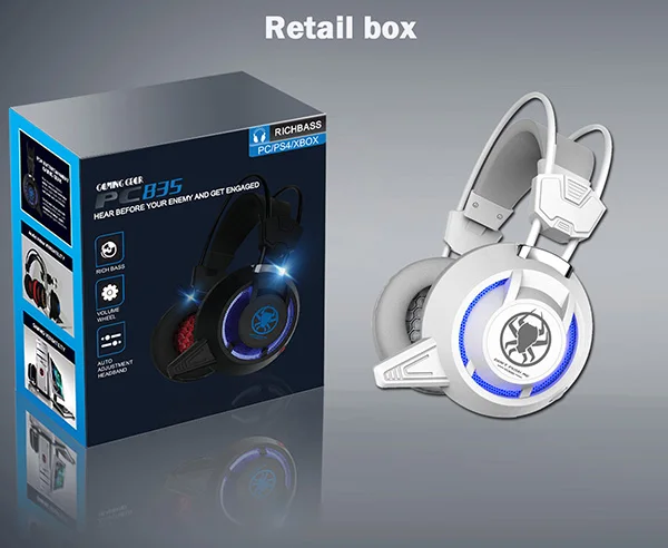 Проводные Игровые наушники Mega Bass со светодиодной подсветкой, звуковая гарнитура с микрофоном, гарнитура для телефона, компьютера, ПК, MP3 плеера - Цвет: white retail box