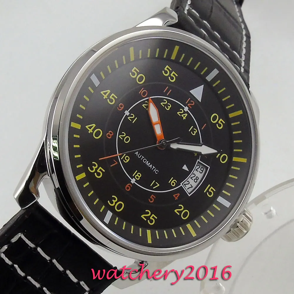 Мужские часы из нержавеющей стали с черным циферблатом и желтым 43 мм | Наручные